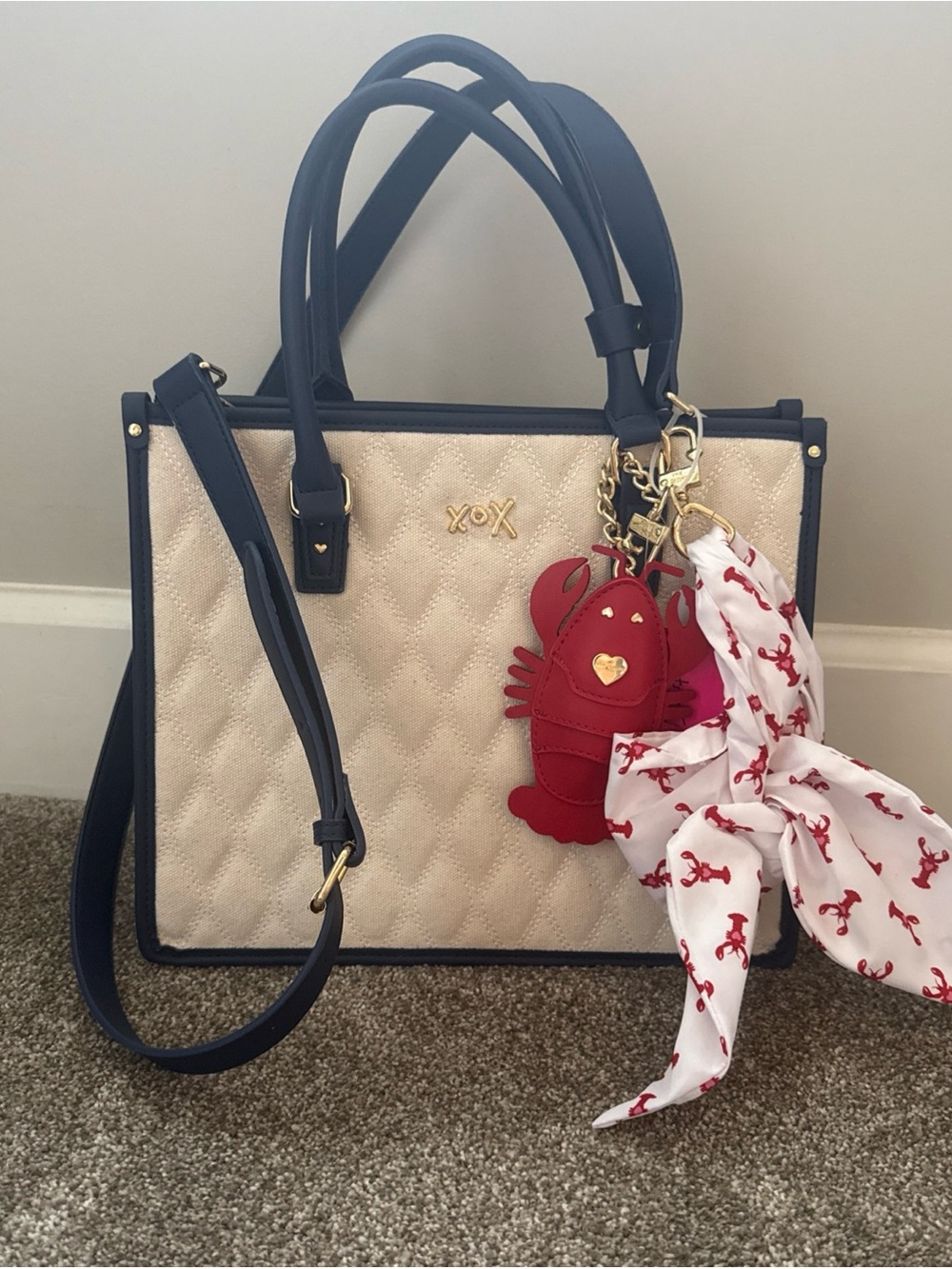 Betsey Johnson Cream and Navy Quilted Shoulder Bag with Red Lobster Charm